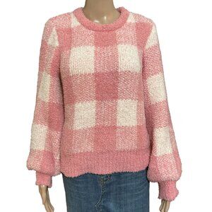 LC Lauren Conrad Plaid Pink White Fuzzy Sweatshirt Size Medium